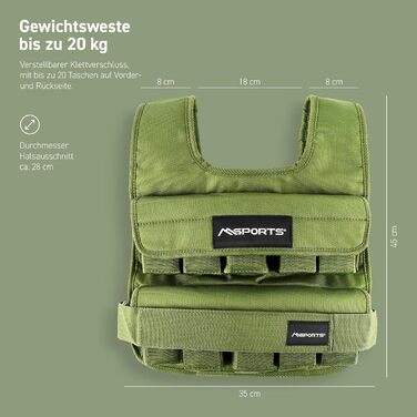 Вага для тренувань MSports Premium, регульована 5-30 кг, вага для бігу, фітнесу, силових тренувань (15 кг, Military Green)