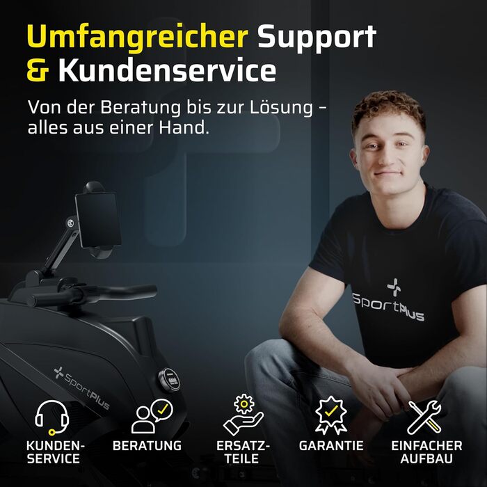 Гребний тренажер SportPlus для дому, складаний, з тихою магнітною системою гальмування, комп'ютер для тренувань, фітнес-обладнання для дому, Indoor гребний тренажер, сумісний з додатком (Premium)