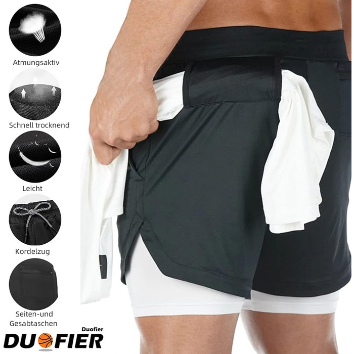 Шорти чоловічі MANUODANNI 2-в-1 спортивні, швидковисихаючі, літні, для занять спортом та тренувань (Чорний, XL)