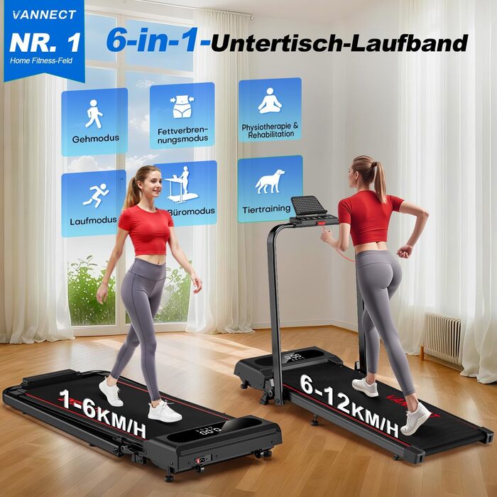 Vannect Walking Pad: Бігова доріжка для дому, 1-12 км/год, регулювання нахилу 9%, тихе, з LCD-дисплеєм, дистанційне керування + додаток, до 150 кг