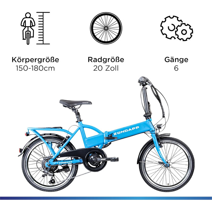 Електровелосипед ZÜNDAPP Z101, складаний, 20 дюймів, 6 швидкостей, для дорослих, з підсвіткою, міський, синій