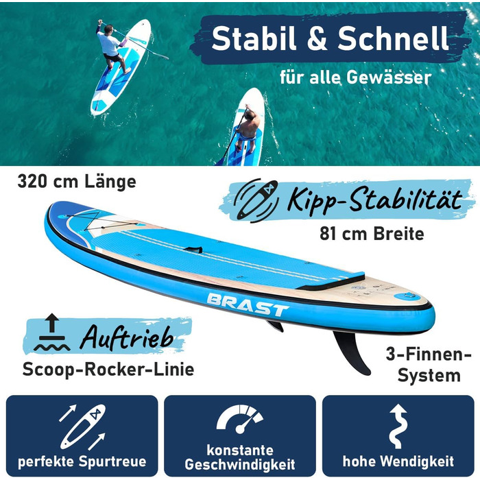 Надувний SUP Борд BRAST Tropic | Комплект для станд-ап паддлбордингу | 320x81x15 см | 6 дизайнів | 5 років гарантії | з аксесуарами | 2-в-1: SUP та каяк | тримач для Action Cam, петля для ніг, насос, рюкзак