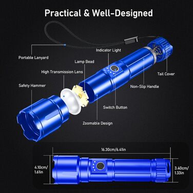 Ліхтар LED Blukar, 500000 люмен, тактичний, перезаряжається, 5 режимів, водонепроникний IP67, для кемпінгу, туризму, риболовлі, надзвичайних ситуацій (Блакитний)