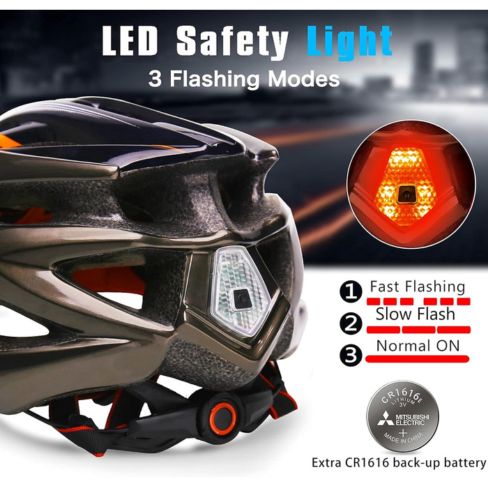 Велосипедний шолом Shinmax для чоловіків і жінок з LED-підсвіткою, знімним візором, регульований, суперлегкий, для MTB, з чохлом, чорний з оранжевим, 57-62 см