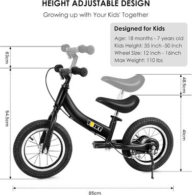 YBIKE 2-в-1: Біговел та дитяче велосипед, 12/14/16 дюймів, з гальмом та педалями, для дітей 1-7 років (Чорний, 16 дюймів)