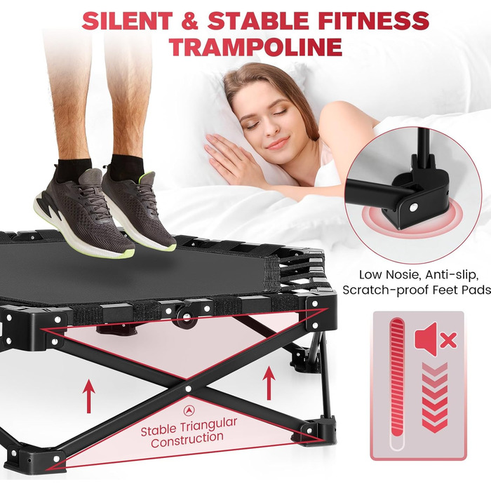 Батут фітнес складаний 101 см для дому, чорний, до 200 кг, з регульованою ручкою (5 рівнів)