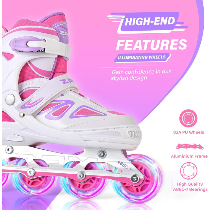 Дитячі ролики 2PM SPORTS регульовані, світні, для дівчаток/хлопчиків (біло-рожеві, X-Large(EU 42-44.5))