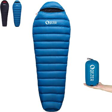 Спальний мішок Daunenschlafsack: теплий зимовий спальник з гусячим пухом 650 fill power, сертифікат RDS. Температурний режим: +8°C до -30°C. Ідеальний для кемпінгу та альпінізму. Колір: блакитний