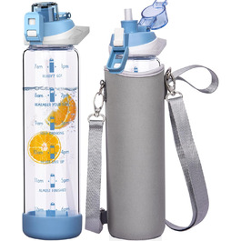 Скляна спортивна пляшка Seekua 1 л з трубочкою і часовою розміткою, BPA Free, герметична, з чохлом, для води, смузі, фруктів, газованих напоїв