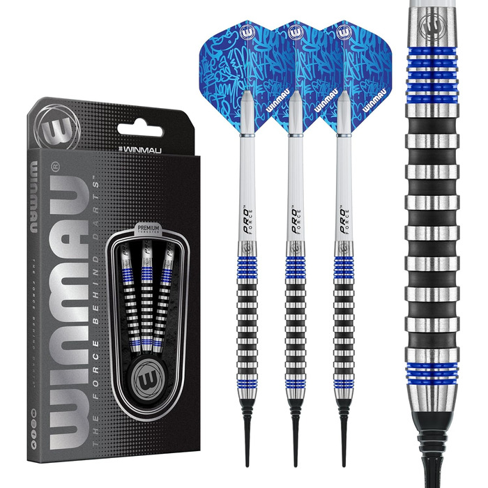 Професійний дартс набір WINMAU Advance 500, вольфрам, Softip, 22 г, синій, з оперенням і шафтами