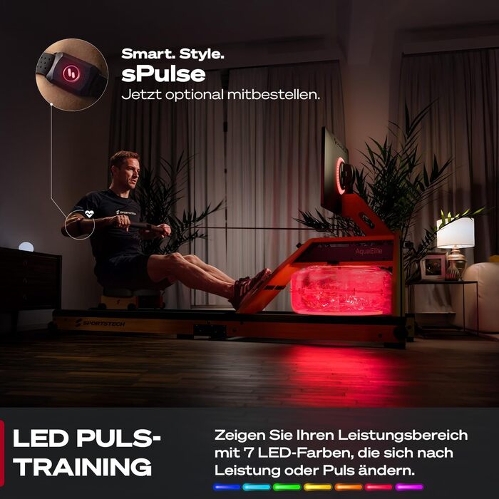 Гребний тренажер Sportstech AquaElite: водяний, складаний, з LED-дисплеєм 21.5' та обертовим резервуаром, екологічне дерево FSC®