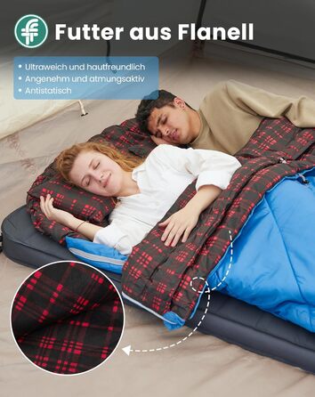 Спальний мішок KingCamp для 2 осіб з фланелі, зимовий, теплий, 3-4 сезони, з 2 подушками, для кемпінгу та відпочинку на природі (синьо-блакитний)