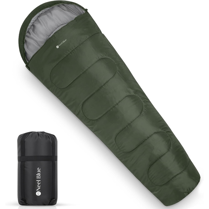 Спальний мішок Mumienschlafsack для дорослих - легкий, компактний, водонепроникний, з капюшоном, 220x85 см, теплий, придатний для прання, для кемпінгу, трекінгу, подорожей, зелений