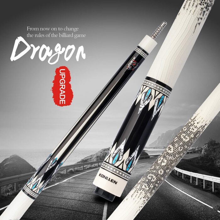 Більярдний кий KONLLEN Dragon-1 з низькою відволікаючою лінією, з подовженням та кейсом (10,5 мм, 11,5 мм, 12,5 мм наконечник Tigerspitze, XTC-гніздо, 3/8 x 8 радіальний штифт, 147 см довжина)