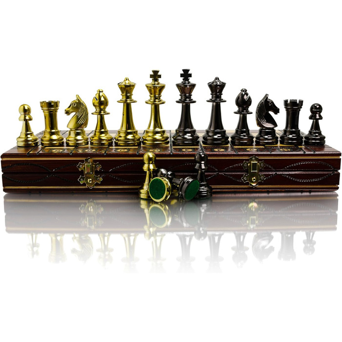 Шаховий набір Staunton 40см, фігури з металізованого пластику, дерев'яна шахівниця, фігури з металевим навантаженням, жовтий колір