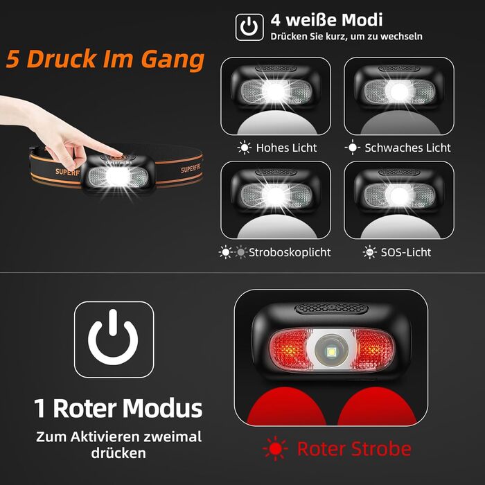 Налобний ліхтар SuperFire LED, 2 шт., перезаряджається USB, з червоним миготком, 5 режимів, регульований, для дорослих та дітей, біг, рибалка, кемпінг, водонепроникний, чорний