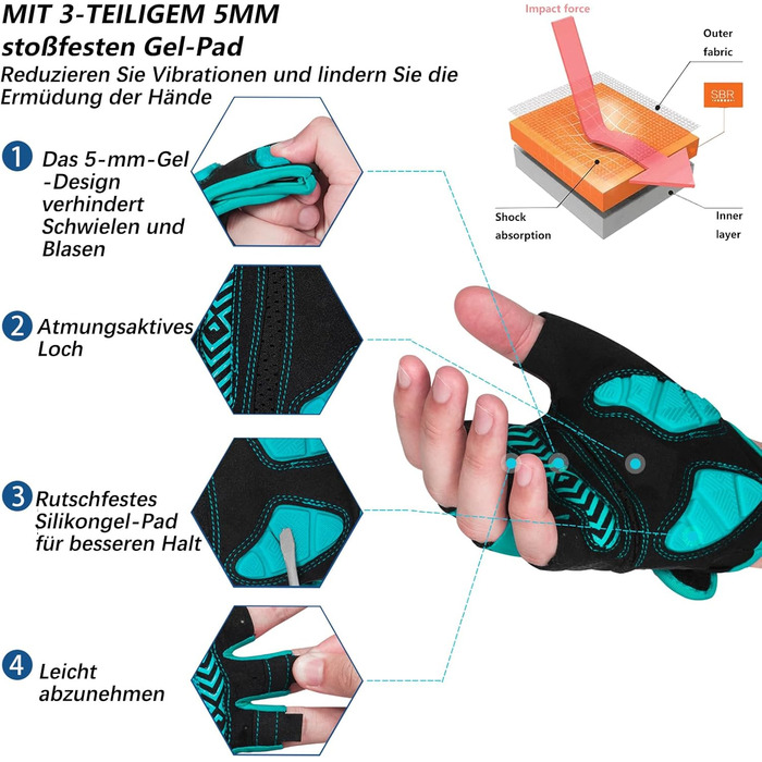 Велосипедні рукавички MOREOK для чоловіків та жінок, літні, з напівпальцями, 5 мм гелеві, протиковзкі, амортизуючі, для гірського велосипеда, шосе, даунхілу (Блакитний, XXL)