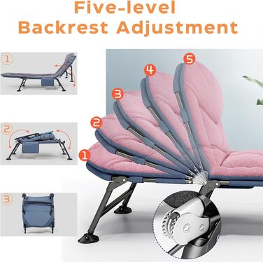 Кемпінгове ліжко AlpineAura: широке, складане, 190x65x30 см, 6 положень, для відпочинку на природі, пляжі, саду (рожеве)