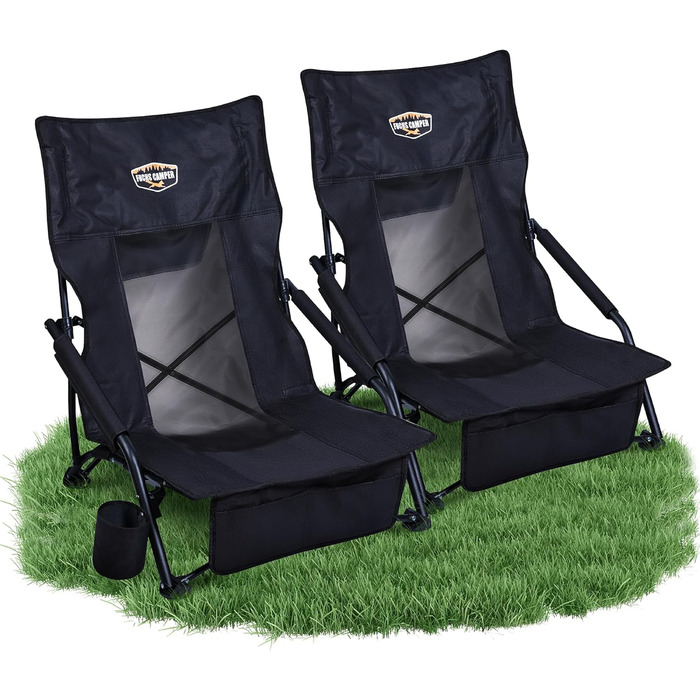 Крісло для кемпінгу Fuchs Camper Strandstuhl – розкладне, з високою спинкою та сітчастою тканиною. Зручне для відпочинку на пляжі та на природі. Має підсклянник та кишеню. Міцне, витримує до 150 кг. (Чорний, 1 та 2 шт.)