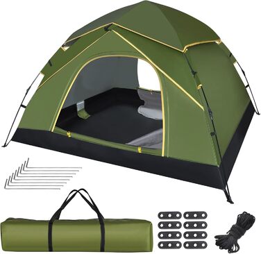 Намет для кемпінгу Jaztral 3-4 особи, автоматичний, куполоподібний, водонепроникний, вітростійкий, 3-4 сезонний, для сім'ї, трекінгу та кемпінгу, колір: зелений
