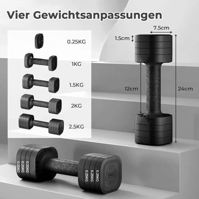 Набір гантелей Dripex регульовані 5 кг x2 або 2.5 кг x2, 6 шматків з регулюванням ваги 0.5 кг/0.25 кг (чорний)