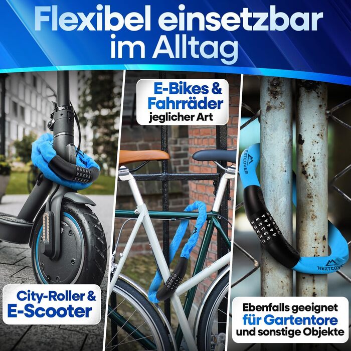NEXTCOVER® Замки для велосипедів LockPro з кодовим замком - Оригінал - [SAFESECURE] Висока безпека | 5-значний код, сталевий замок для велосипеда, замок для електровелосипеда, ланцюговий замок, синій