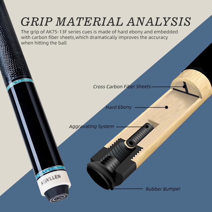 KONLLEN Billardqueue з карбону, 58 дюймів: професійний бик для дорослих, повна карбонова технологія, низький опір, наконечник 12.5 мм (Pro Taper, ультрагладкий) (AK75-13F)