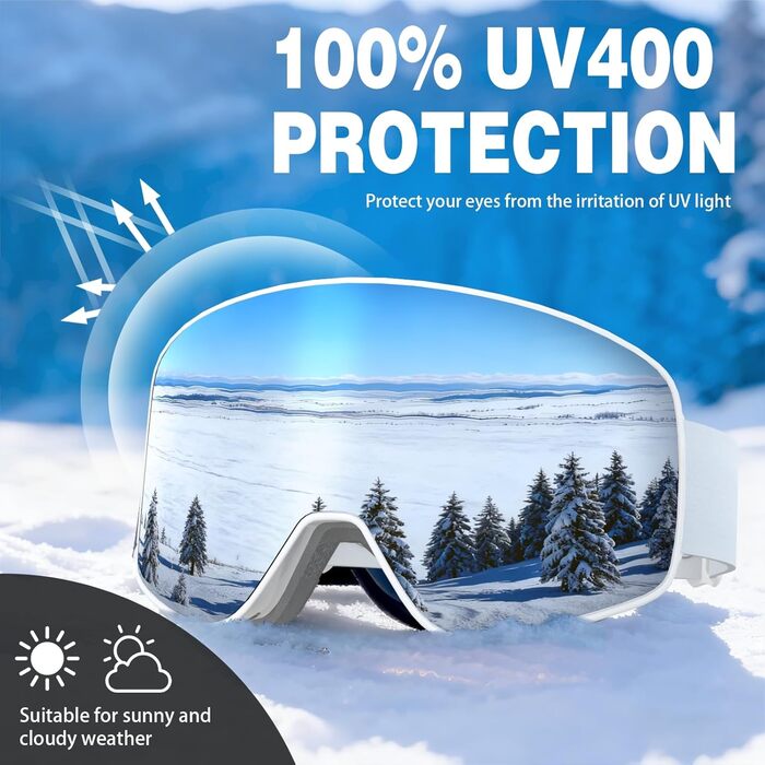 Скі-маска VCOROS з змінним склом, унісекс, захист від УФ, проти запотівання, срібно-білий колір + лінза (VLT13%)