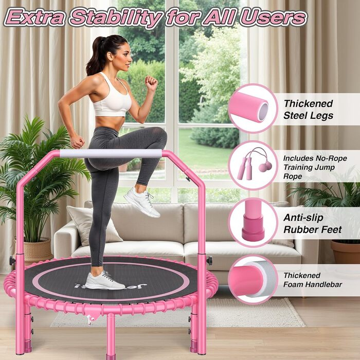 Міні-батут для фітнесу JOY SPOT! Ø102 см, складний, з пружинами та регульованою ручкою, вантажопідйомність 204 кг, для дому та вулиці, з скакалкою