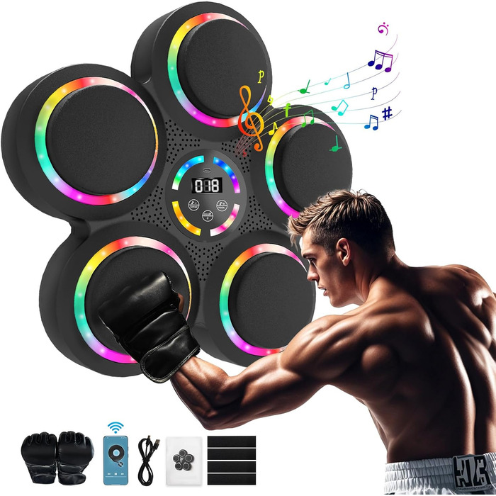 Розумна боксерська машина FOOING з Bluetooth, LED-підсвіткою та рівнями швидкості для дорослих та дітей, тренажер для зняття стресу з боксерськими рукавичками для домашніх тренувань. Інтелектуальні фітнес-пристрої (багатокольорове світло)