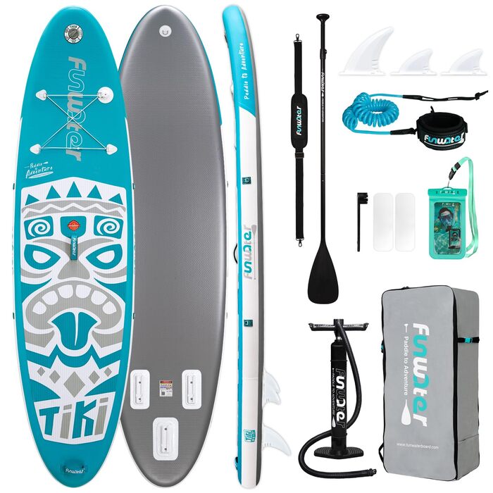 SUP дошка FunWater надувна 10'-11' з веслом та насосом, Eva-покриття, для 2-х осіб/сім'ї, блакитно-зелена