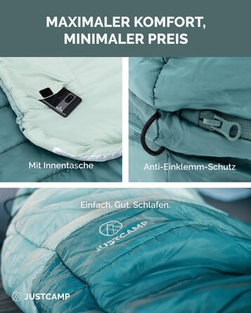 Спальний мішок Justcamp Melvin XXL 4 сезони для дорослих, м'ятний колір