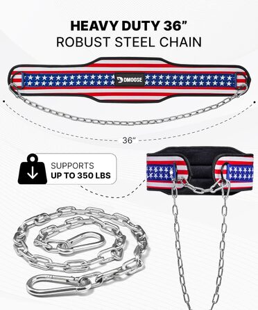 Пояс для важкої атлетики DMoose Dip з 36' сталевою ланцюгом - для підтягувань та присідань, пояс для чоловіків та жінок, з комфортною неопреновою підтримкою