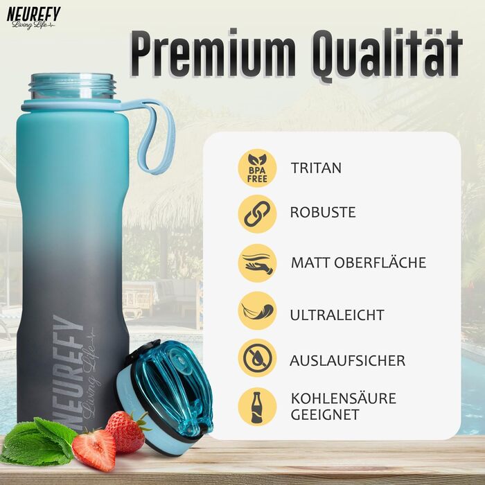 Пляшка для води NEUREFY 1 л з тритану, не протікає, блакитна, BPA-free, з фільтром та індикатором об’єму для спорту, фітнесу, офісу, школи, університету, outdoor