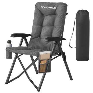 Складаний туристичний стілець SONGMICS для відпочинку та риболовлі, сірий, з регульованою спинкою та кишенями