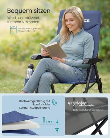 Складний туристичний стілець SONGMICS для дорослих, регульована спинка, обертовий підсклянник, для відпочинку на природі, риболовлі, саду, блакитний