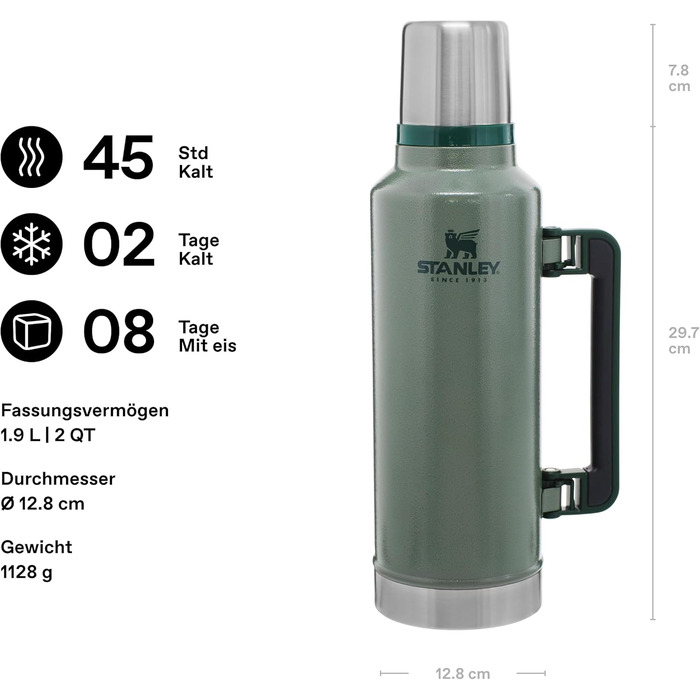 Термос Stanley Classic Legendary 1.9 л, зелений (Hammertone Green) - нержавіюча сталь, 45 год утримання тепла/холоду, BPA-free