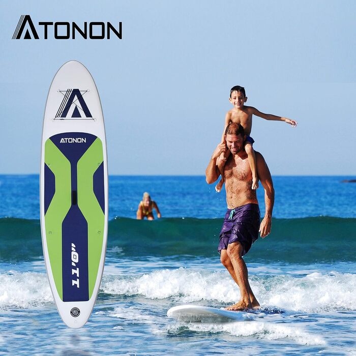 Надувний SUP (Stand Up Paddle Board) ATONON GREEN з аксесуарами | Для початківців, підлітків та дорослих | Широкий, з антиковзким покриттям та нижніми плавниками для контролю в серфінгу