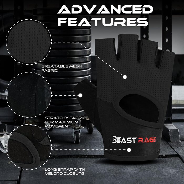 Фитнес-рукавички BEAST RAGE: дихаючі, для чоловіків та жінок, важке підняття, бодібілдинг, тренування, неслизькі, кросфіт, силові тренування, велоспорт (XL, Чорний)