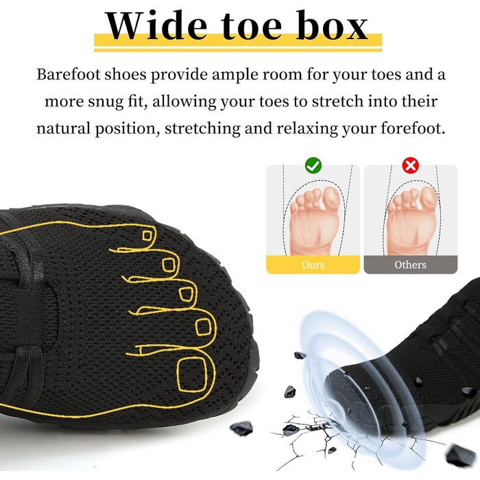 Босими кросівки для жінок та чоловіків, широкі, для бігу та трейлраннінгу, Zero-Drop, з відділенням для пальців, легкі, дихаючі, фітнес, комфортні, антиковзкі, для бігу по дорогах, унісекс, 36-46 EU (36 EU, Чорний)
