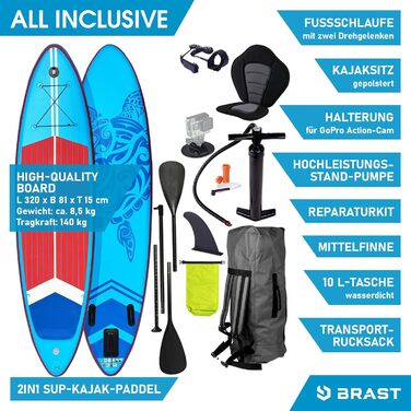 Надувна SUP-дошка BRAST SUPER Set 320x81x15 см з аксесуарами (помпа, весло, рюкзак, ремінь), гарантія 5 років, синій, зелений, червоний, бірюзовий