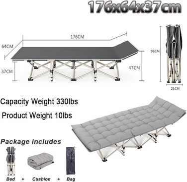 Розкладне ліжко-крісло для кемпінгу з матрацом, 176x64x37 см. Макс. вантажопідйомність 250 кг, з сумкою для перенесення. Підходить для відпочинку на природі, в саду, на пляжі та в подорожах.