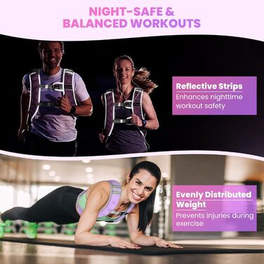 Вага для тренувань FraGraim з регулюванням ваги 8/10/12 кг, з кишенею для телефону та світловідбиваючими смугами, для фітнесу, кардіо та ходьби, фіолетовий