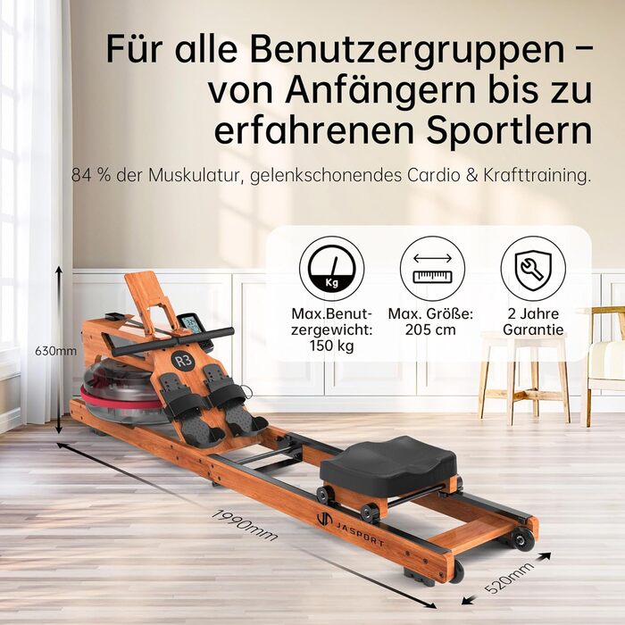 Складальний гребний тренажер R3 з дубового дерева, з Bluetooth LCD-дисплеєм, підтримкою Kinomap, баком для води 28л, ергономічним сидінням та тримачем для планшета, до 150 кг