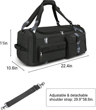 Спортивна сумка-рюкзак 3-в-1 для чоловіків з відділенням для взуття та вологих речей, чорна (22.4 x 10.6 x 11 дюймів)