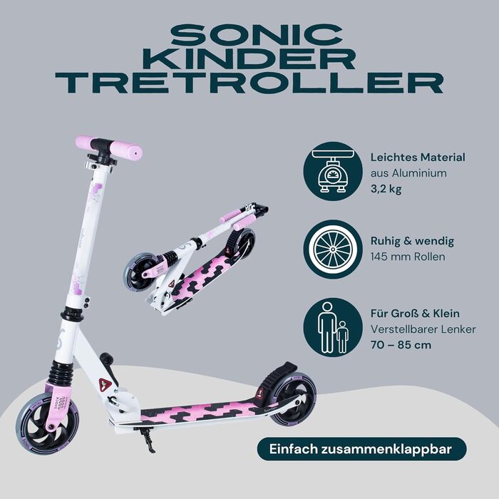 Самокат міський Bergen City Scooter Sonic - алюмінієвий, складаний, колеса PU 145мм, амортизатор, гальмо заднє, регулювання висоти, для дітей від 5 років, легкий, наклейка на деку (білий, чорний, рожевий)
