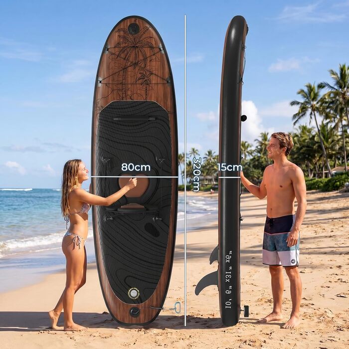 Надувний SUP-борд JUMMICO 320x80x15 см з каяком, веслом та аксесуарами до 160 кг - для серфінгу, риболовлі, йоги (Світле дерево)