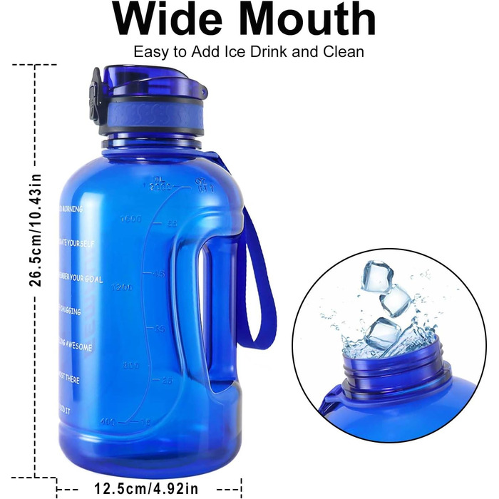 Фляга для води GEMFUL 2L з позначкою часу - BPA-free, без витоку, спортивна фляга 2L з ручкою для фітнесу, офісу та відпочинку на природі (Короїдний блакитний)