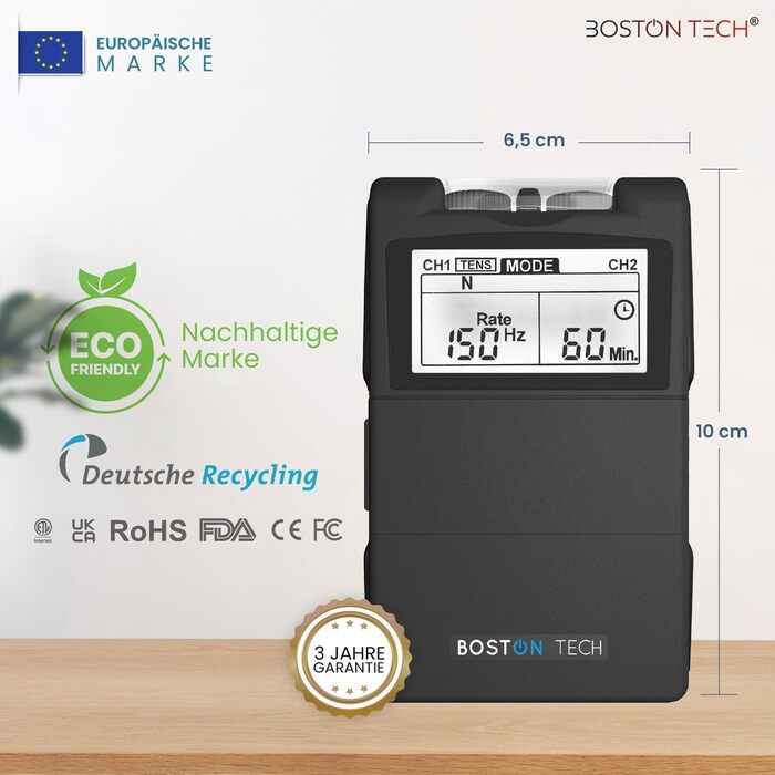 Пристрій TENS Boston Tech ME89 PRO: терапія болю, EMS, 7 режимів, стимуляція м'язів, 4 електроди, 9V батарея, захист від падінь, кейс