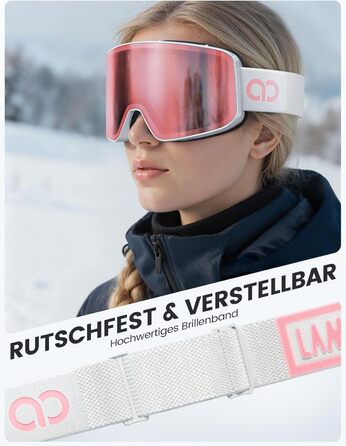 Ламмікал - снігові окуляри для жінок та чоловіків, захист від запотівання, дзеркальні, для носіїв окулярів, UV400, захист від відблисків, білий каркас, рожевий колір (VLT: 28%)